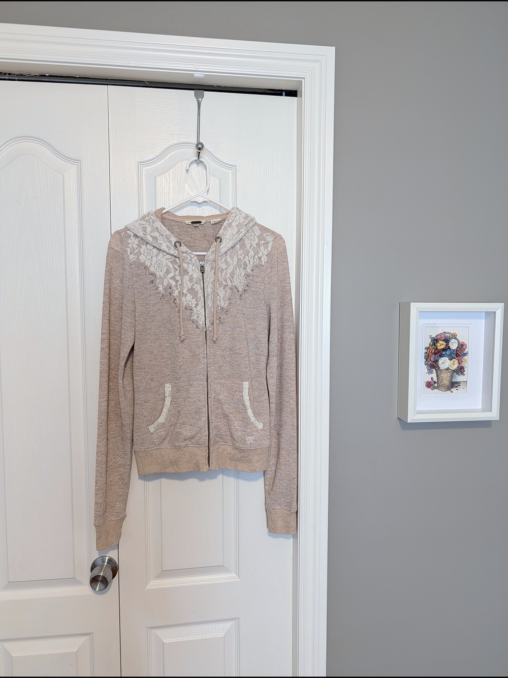 Beige Lace-Trim Zip Hoodie Sweater